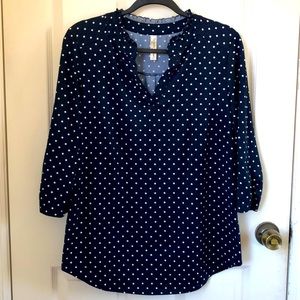 3/4 length blue and white polka-dot blouse.